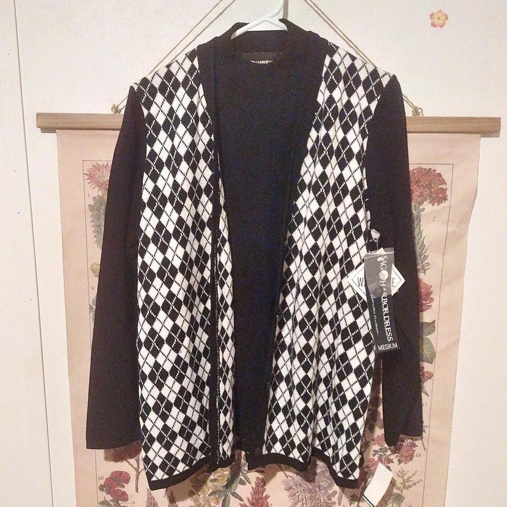 Vintage Sag Harbor Black and White Argyle Faux Layer Mock Neck Sweater